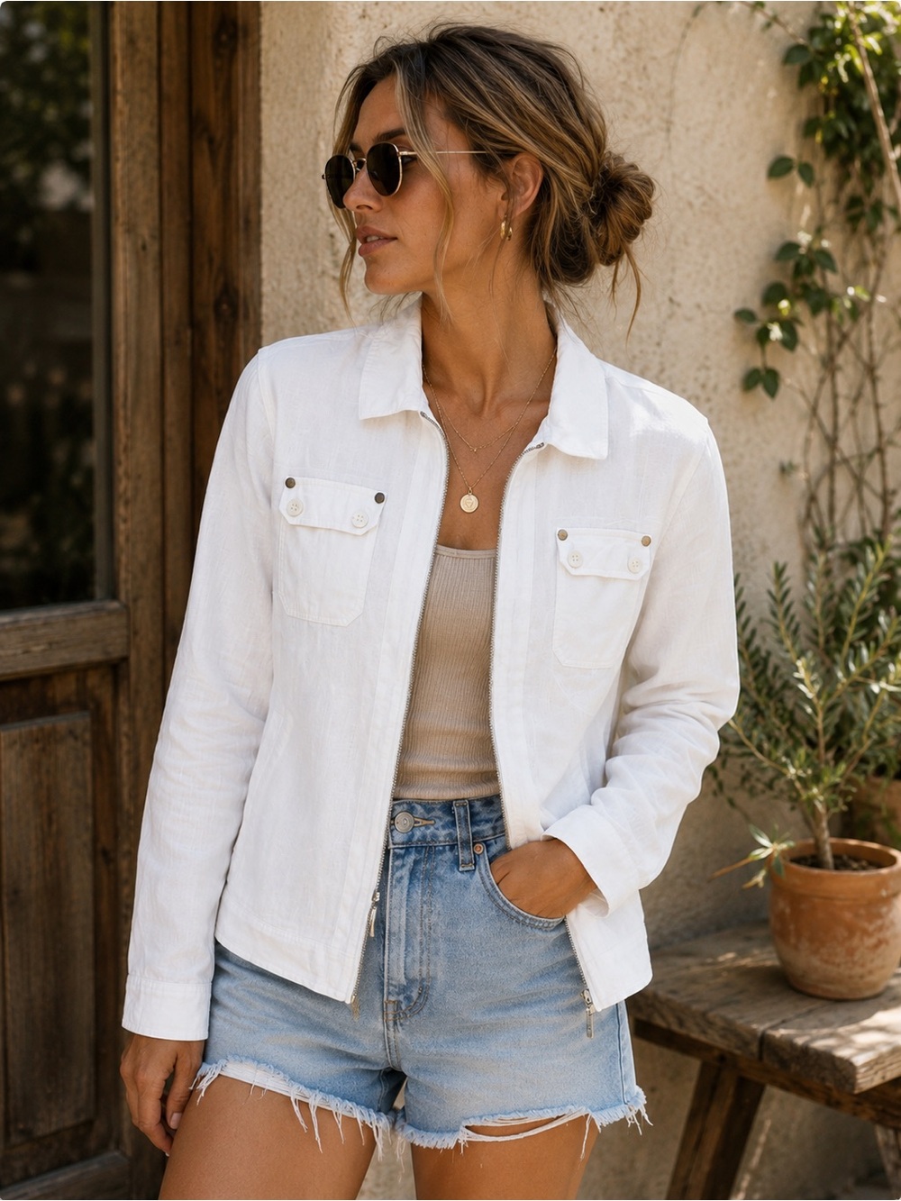 Style & Co 100% Linen White Utility Jacket Women’s Size Large Zip Front